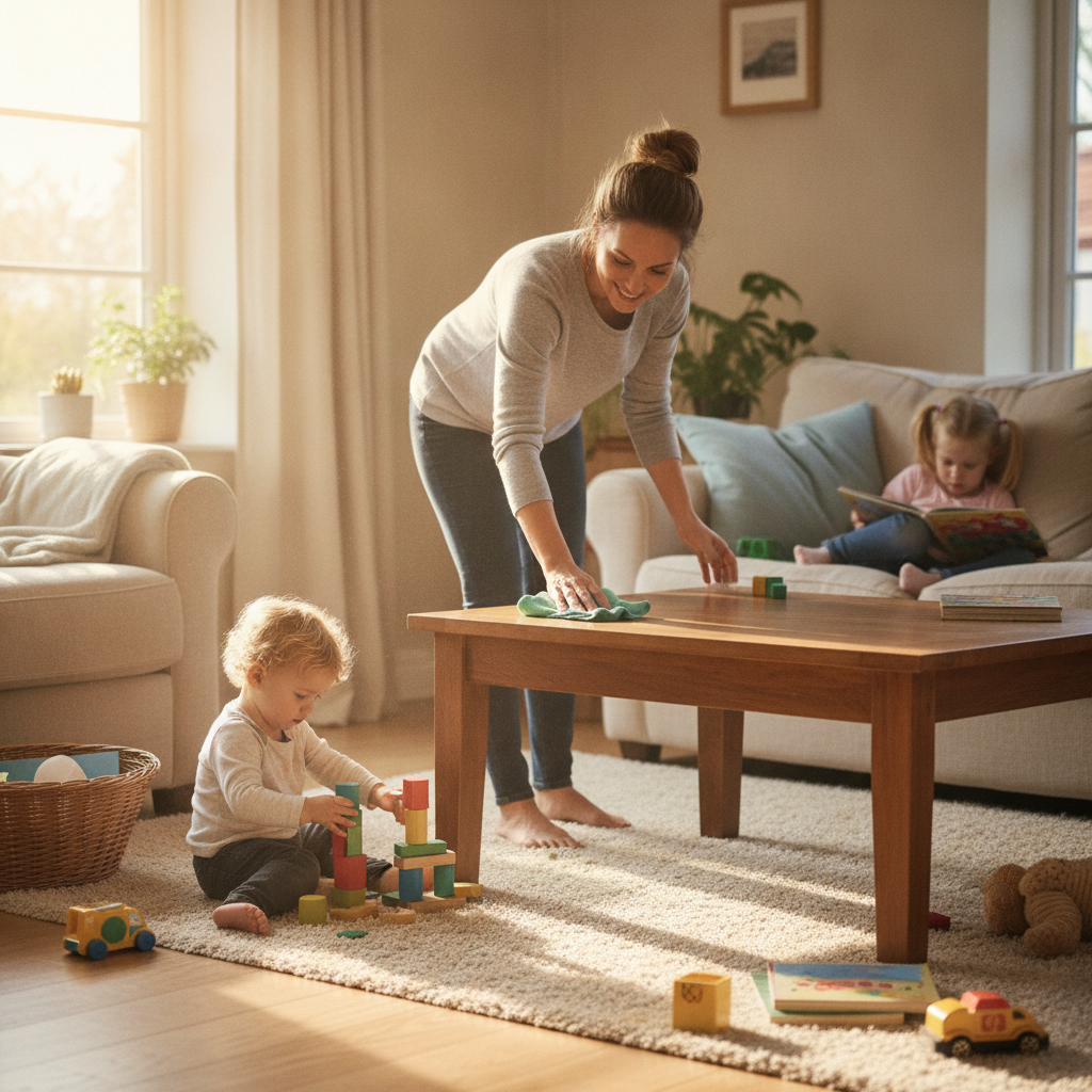 Create a warm, realistic lifestyle photograph of a busy mother cleaning her living room while her young children play nearby. Toys are scattered naturally across the floor, one child is sitting on the rug playing with blocks, and another is