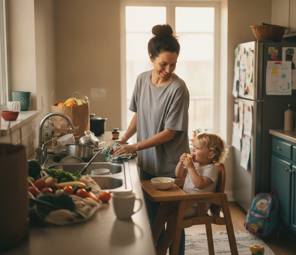 Create a photorealistic lifestyle photograph of a mother cleaning a busy family kitchen after a hectic day. She is wiping the kitchen counter while her young child sits nearby eating a snack, with dishes in the sink, groceries on the counte