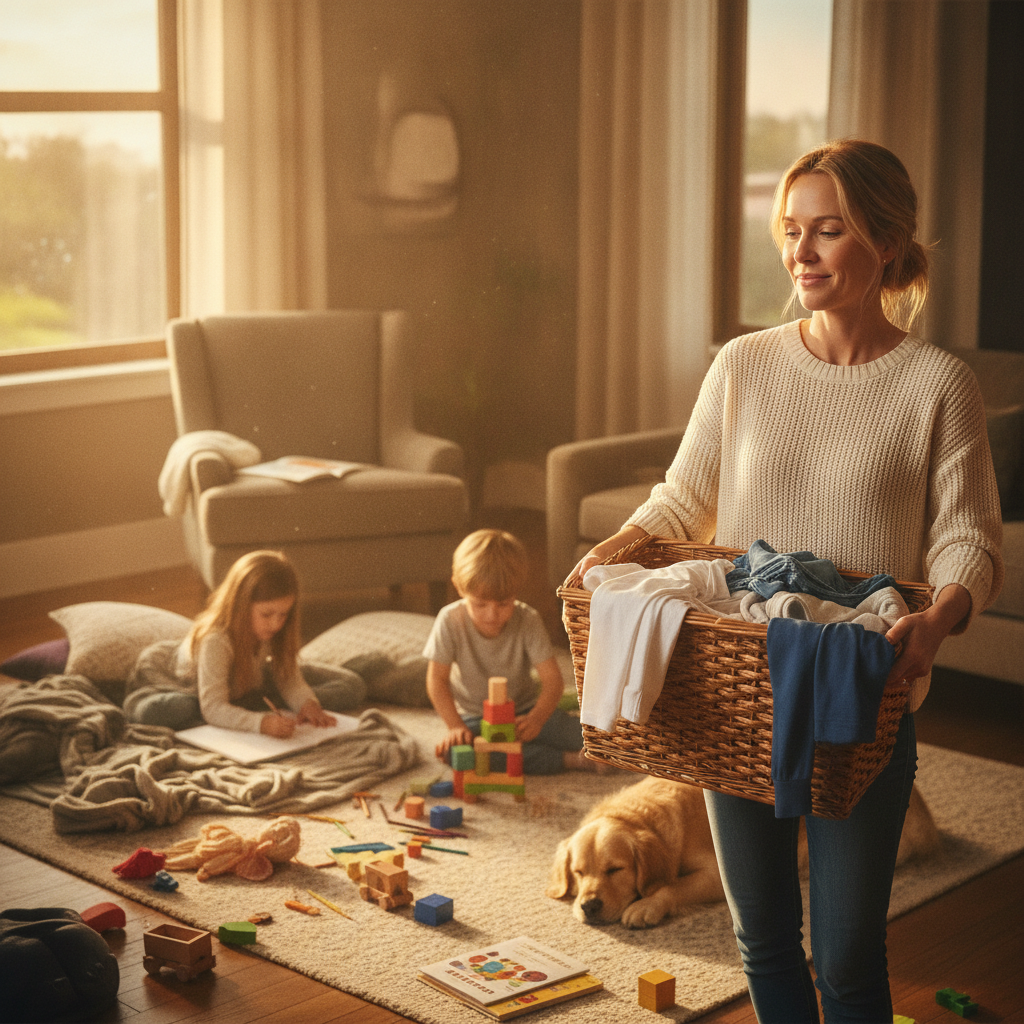 Create a warm, emotionally relatable lifestyle photograph of a mother finishing household cleaning while her children relax and play in the background. She is holding a laundry basket and smiling with a tired but satisfied expression, surro
