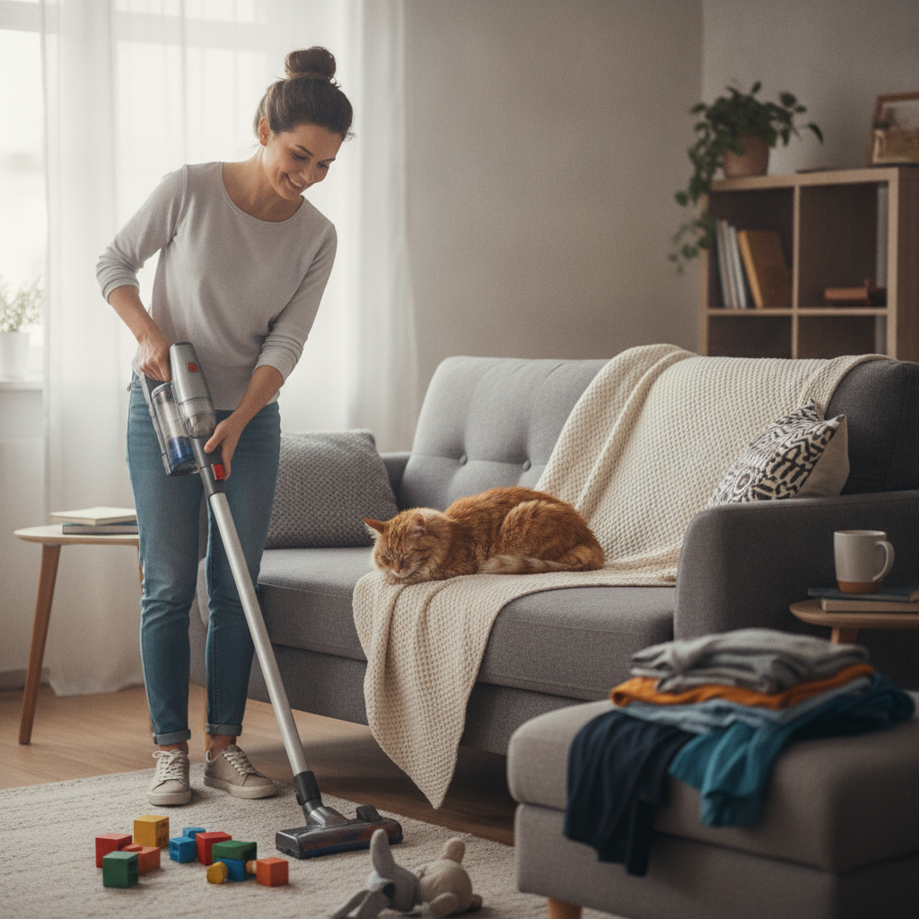 Create a realistic, heartwarming lifestyle photograph of a busy mother tidying and vacuuming her living room while her family cat relaxes comfortably on the couch. Include everyday details such as a few toys on the floor, folded laundry nea